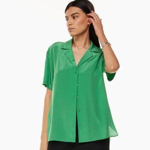 Aritzia Academy Silk Short-Sleeve Blouse Shirt Green